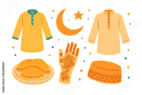 A sticker pack illustration featuring traditional Eid al-Fitr elements like new clothes, a crescent moon, henna hand, sweet pastries, and a prayer cap on a black background.