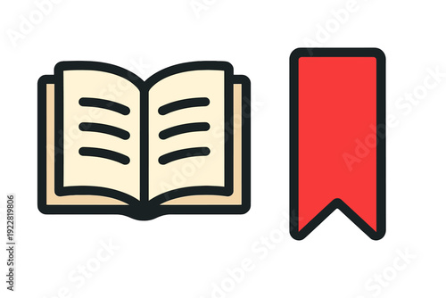 A flat minimal illustration of an open book with cream pages and black text lines next to a red ribbon bookmark, set against a solid black background.