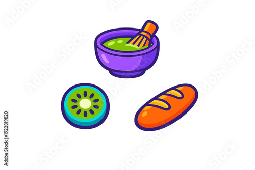 A collection of three colorful cartoon icons featuring a bowl of matcha tea with a whisk, a slice of fresh kiwi fruit, and a loaf of bread, all set against a solid black background.