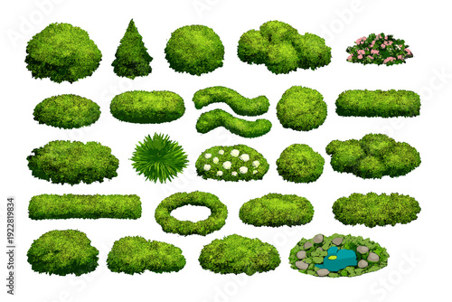 This set features diverse green shrubbery, hedges, and topiary elements in various geometric and organic forms, along with a small stone pond and flowering bushes on black.