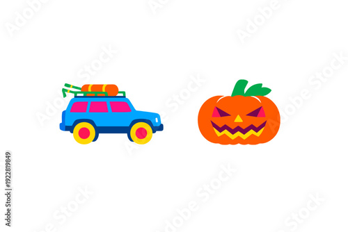 A flat vector illustration featuring a blue SUV with camping gear on its roof rack parked next to a carved orange jack-o'-lantern pumpkin on a solid black background.