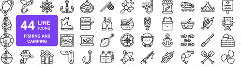 Set of 44 thin line fishing and outdoor icons. Camping, boating, marine life pack. Vector illustration with editable stroke