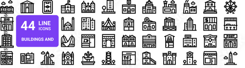 Set of 44 thin line building and landmark icons. Community, gym, office, city architecture pack. Outline vector illustration for web and app design
