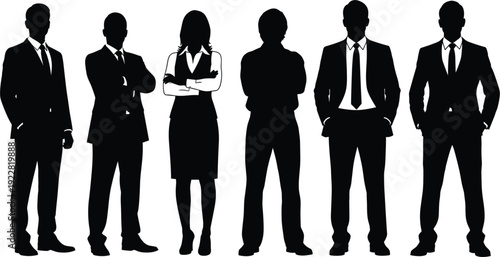 Minimalist Black Business People Silhouettes Vector Set with Diverse Professional Poses in Suits for Corporate Team Diversity Leadership and Office Designs