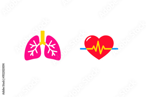 A flat vector illustration featuring a pair of pink lungs with yellow bronchi on the left and a red heart with a yellow heartbeat line on the right, set against a black background.