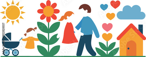 Title 1: Family & Home Outline Icons  Couple, Baby, House & Nature Elements