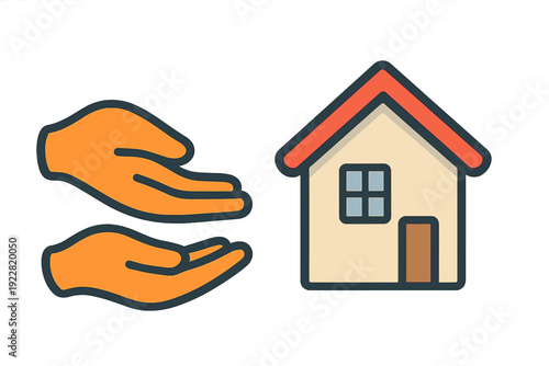 A flat vector illustration featuring two orange hands reaching towards a simple house with a red roof and blue window, set against a solid black background.