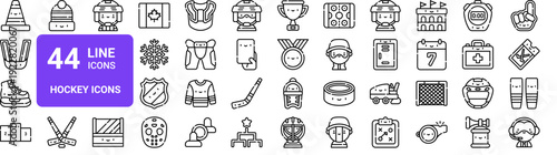 Set of 44 thin line hockey and sports icons including equipment, players, accessories. Outline vector pack for web and app design