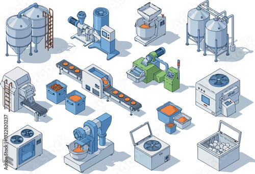 Industrial manufacturing process equipment set illustration showcasing various machinery and factory components in a clean and organized layout