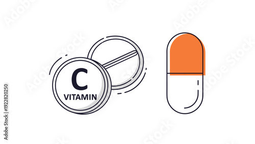 Vitamin C health supplements featuring a tablet with a letter C and a medicine capsule for wellness, pharmacy, and healthcare concepts.