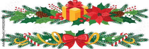 Christmas Garland Outline Icons  Pine, Poinsettia & Holiday Decorations