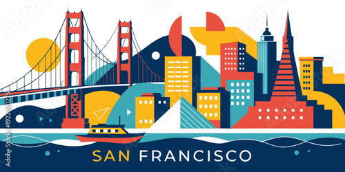 USA, US, U.S, United States - Colorful San Francisco Cityscape Illustration – Modern Golden Gate Bridge & Skyline Art Print