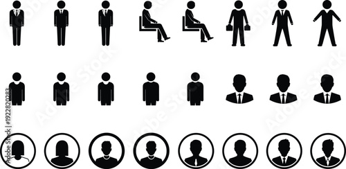 Black business person icon set with professional avatars office worker silhouettes and corporate profile circles isolated on white for career design