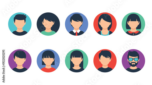 Collection of diverse people avatars in colorful circular frames representing community, social media users, teamwork, and human resources.