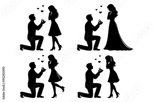 Silhouette couples marriage proposal romance four scenes.