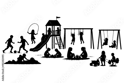 Children playing silhouettes on playground with swings and slide.