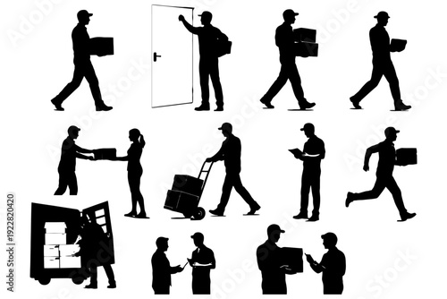 Delivery service silhouettes: male and female workers handling packages.