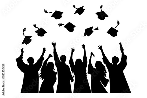 Silhouettes of diverse graduates celebrating with caps in the air.