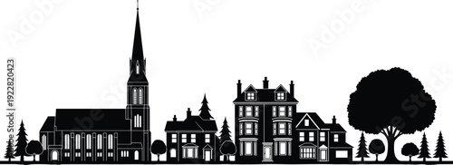 Black village skyline silhouette with historic houses church spire and trees isolated on white for small town architectural travel design