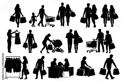 Silhouette of diverse shoppers engaging in various shopping activities.