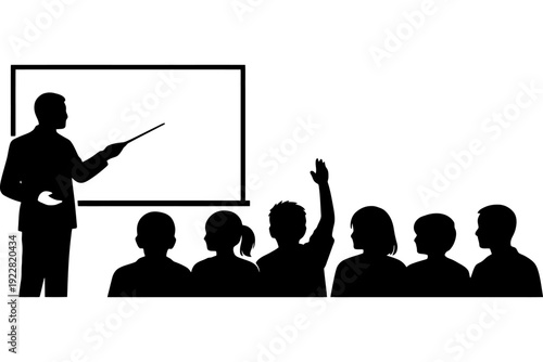 Silhouette of male teacher and diverse students in classroom setting.