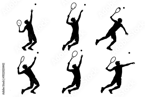 Silhouettes of male tennis players serving with rackets in dynamic poses.
