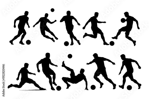 Silhouettes of male soccer players in action posing with ball.