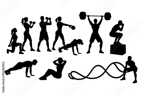 Silhouette workout: fitness activities with male and female adults.