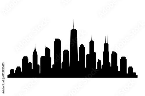 Silhouette of urban skyline with skyscrapers under clear sky.
