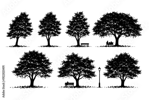 Silhouette of trees and benches against white background.