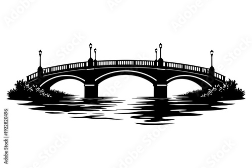 Elegant black and white bridge illustration over serene river.