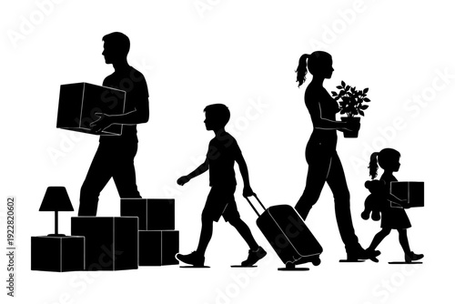 Silhouettes of family moving: male, female, children with boxes and luggage.