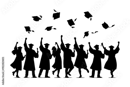Silhouette of diverse graduates celebrating with caps in air.