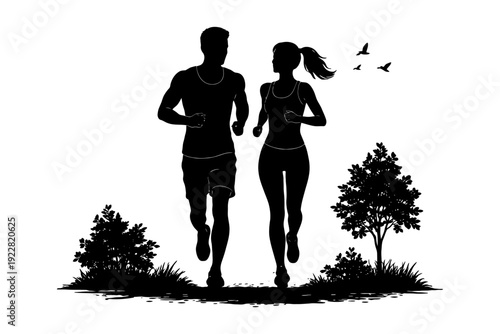Silhouette of young caucasian male and female running outdoors with trees and birds.