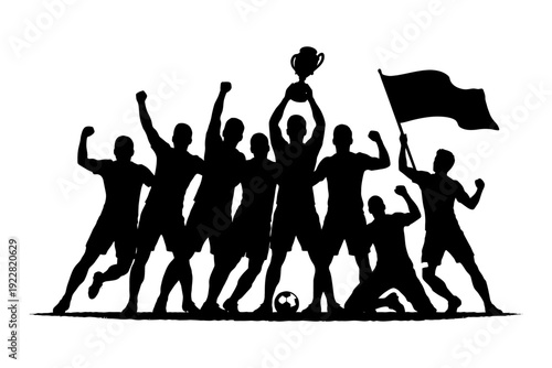 Silhouetted soccer team celebrating victory with trophy and flag.