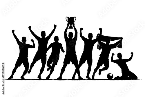 Silhouettes of diverse male soccer players celebrating with trophy in unity.