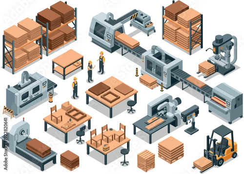 Industrial manufacturing process illustration showcasing machinery, workers, and wooden crates in a factory setting from an aerial viewpoint