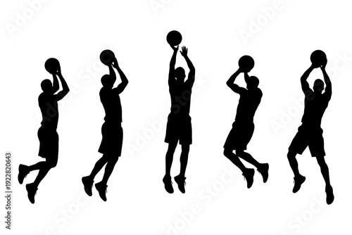 Silhouette of male basketball players in jump shot poses.