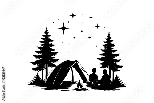 Silhouette of campers under starry sky with tent and pine trees.