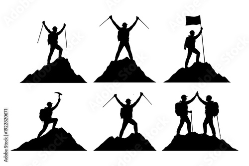 Silhouettes of male hikers celebrating on mountain peaks with gear and flags.