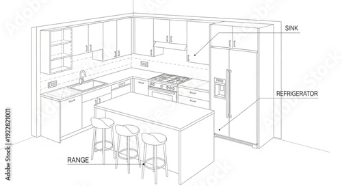 Modern Kitchen Design Blueprint with Island and Appliances.