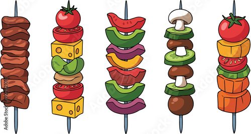 Title 1: Grilled Kebab Skewers Outline Icons  Meat, Cheese & Veggies