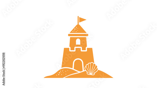 Orange sandcastle icon on the beach with a sea shell and a flag on top for summer holiday, travel, and coastal leisure activities.