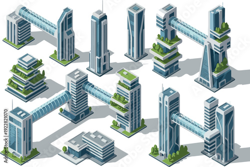 Modern cityscape with skyscrapers and green roofs viewed from above, showcasing urban architecture and greenery