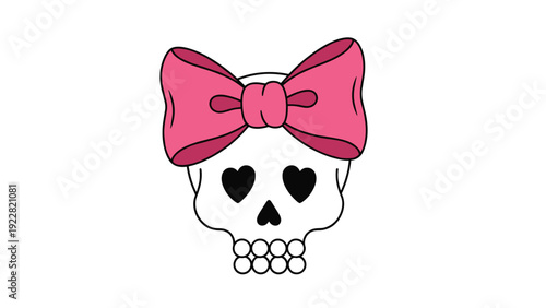 Human skull character with a large pink bow and heart shaped eyes for cute emo, gothic, and trendy alternative fashion designs.