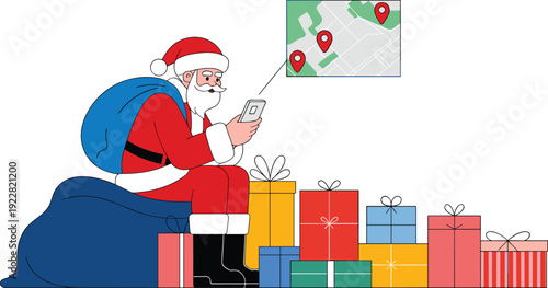 Santa Claus using smartphone, gift delivery tracking, Christmas logistics illustration, modern holiday courier concept, flat vector design, isolated on white