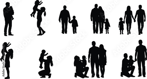 Black family silhouette set with parents holding children walking and playing together isolated on white background for lifestyle and community design