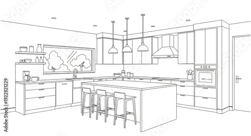 Modern Kitchen Design Sketch with Island and Cabinets.