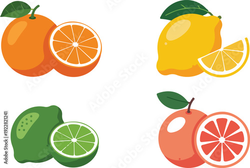 Title 1: Citrus Fruit Outline Icons  Orange, Lemon, Lime & Grapefruit Slices