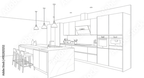 Modern Kitchen Design Sketch with Island and Cabinets.